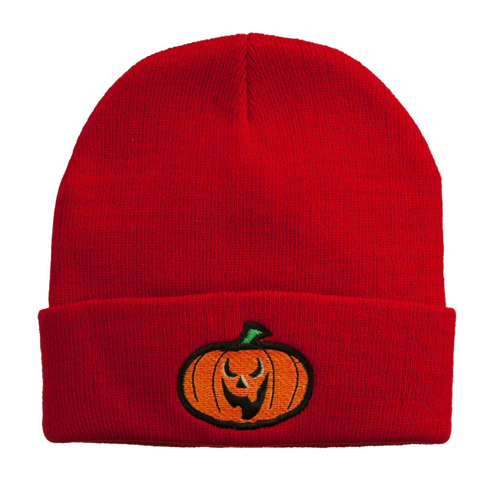 Halloween Scary Jack o Lantern Embroidered Long Beanie - Red OSFM