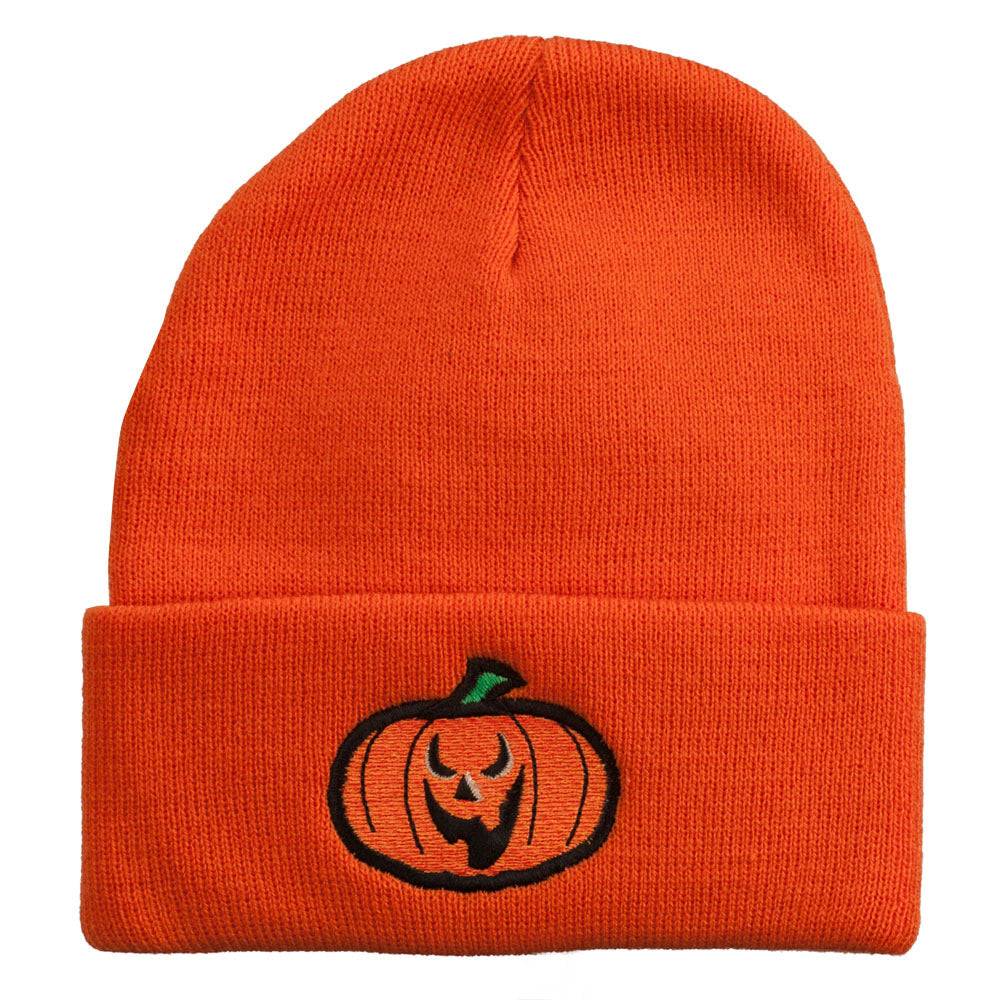 Halloween Scary Jack o Lantern Embroidered Long Beanie - Orange OSFM