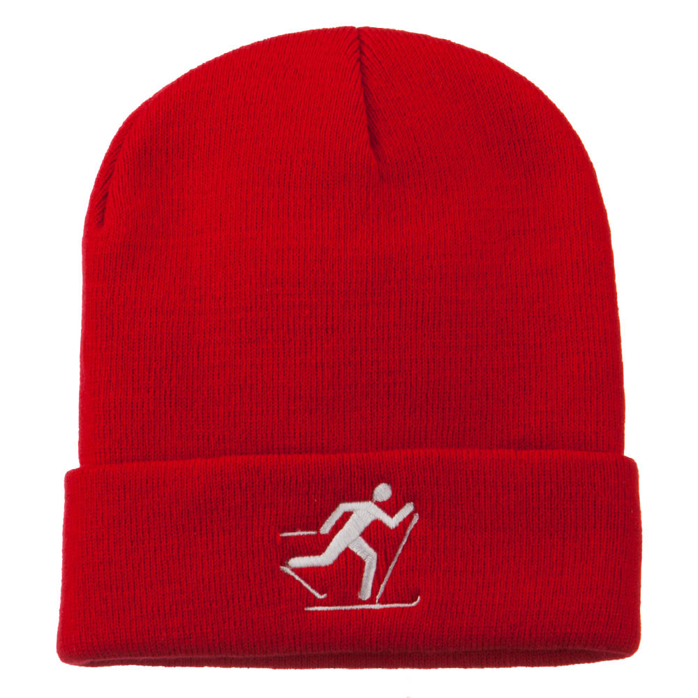Ski Team Logo Embroidered Long Knit Beanie - Red OSFM