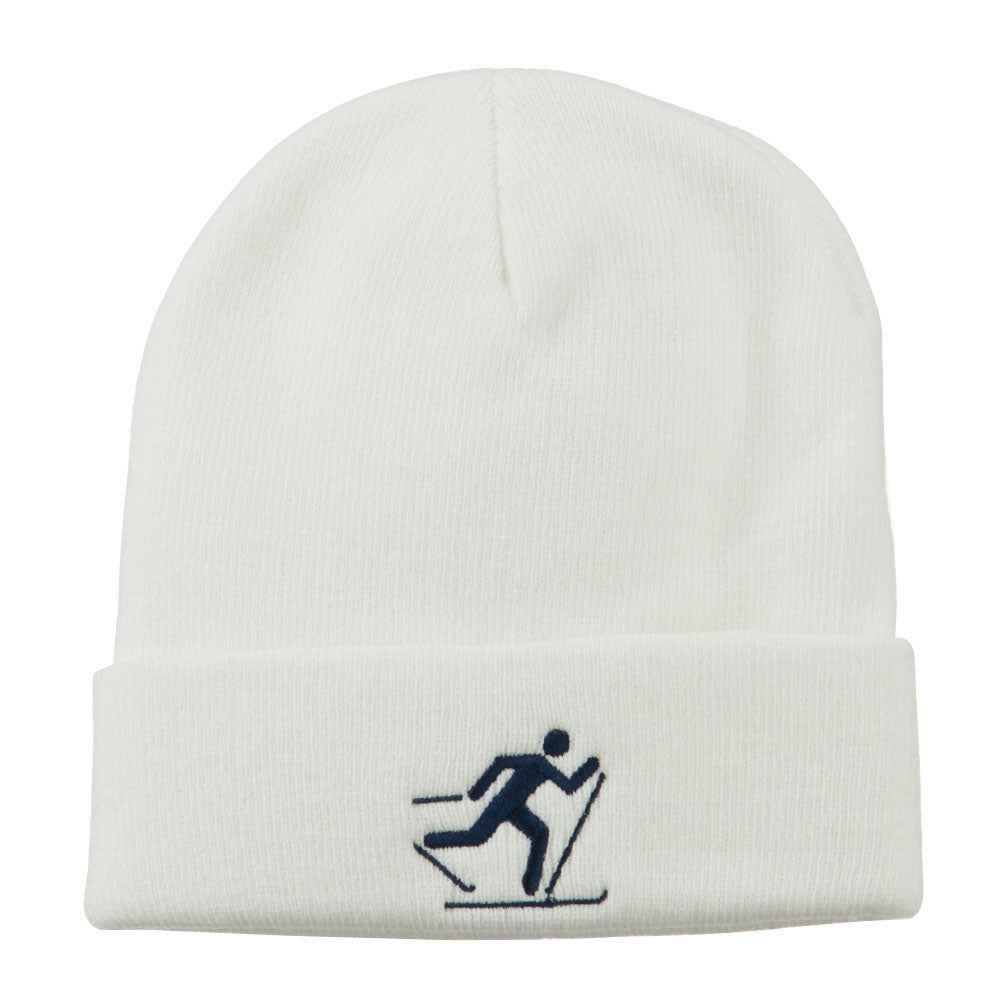 Ski Team Logo Embroidered Long Knit Beanie - White OSFM