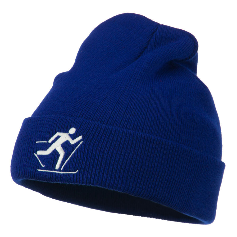 Ski Team Logo Embroidered Long Knit Beanie - Royal OSFM