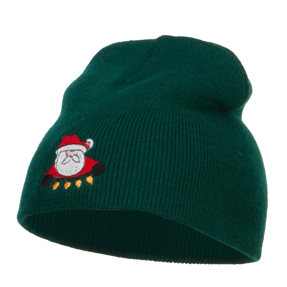 Santa with Christmas Lights Embroidered Short Beanie - Dk Green OSFM