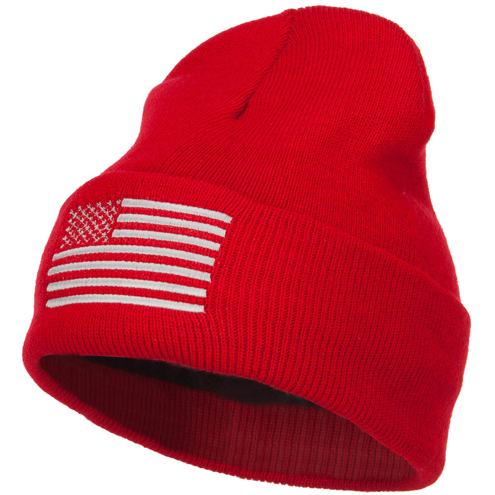 USA Silver Line Flag Embroidered Fleece Long Beanie - Red OSFM