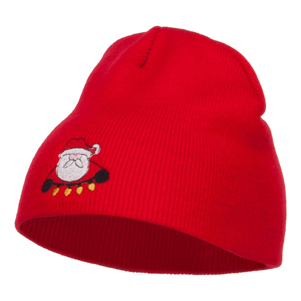Santa with Christmas Lights Embroidered Short Beanie - Red OSFM