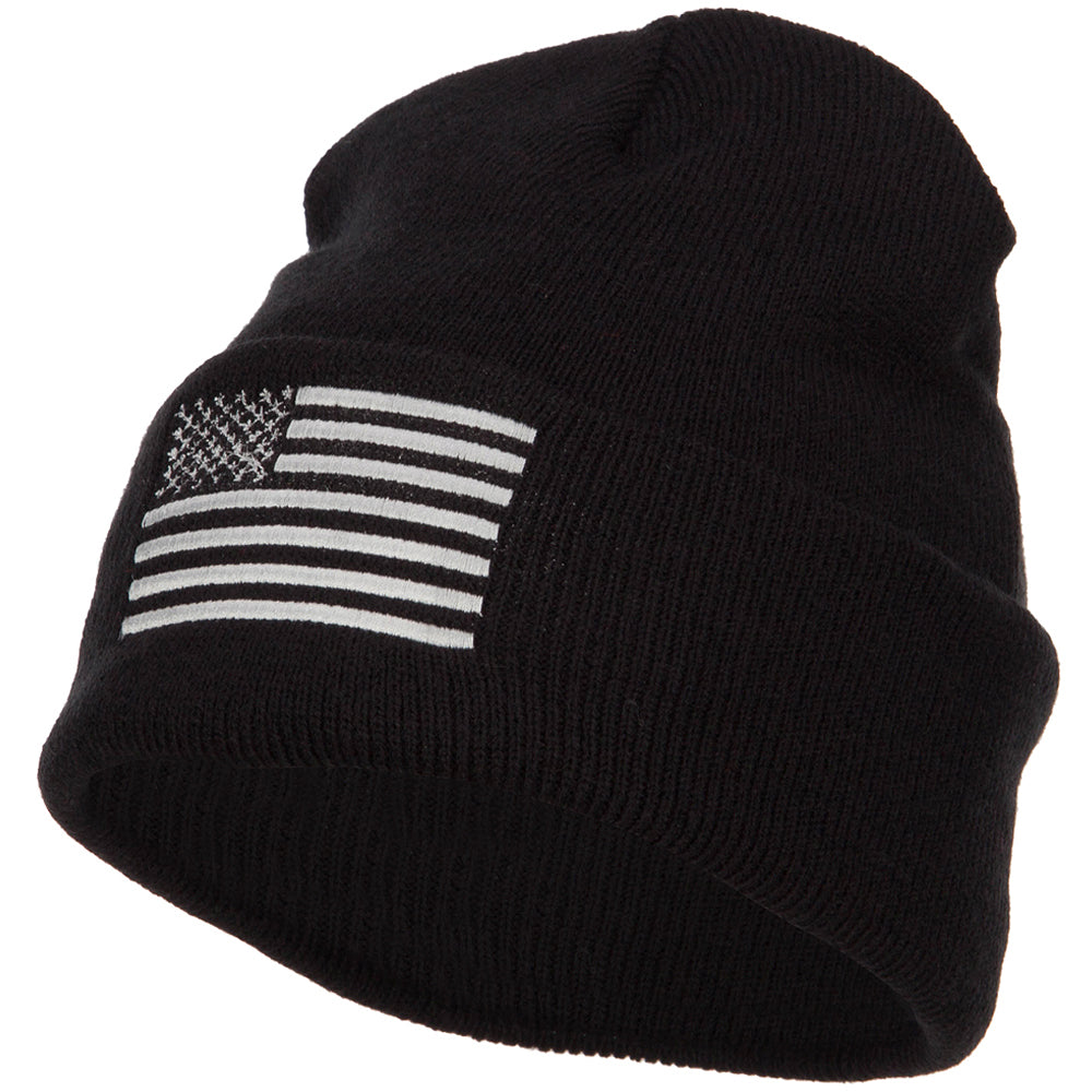 USA Silver Line Flag Embroidered Fleece Long Beanie - Black OSFM