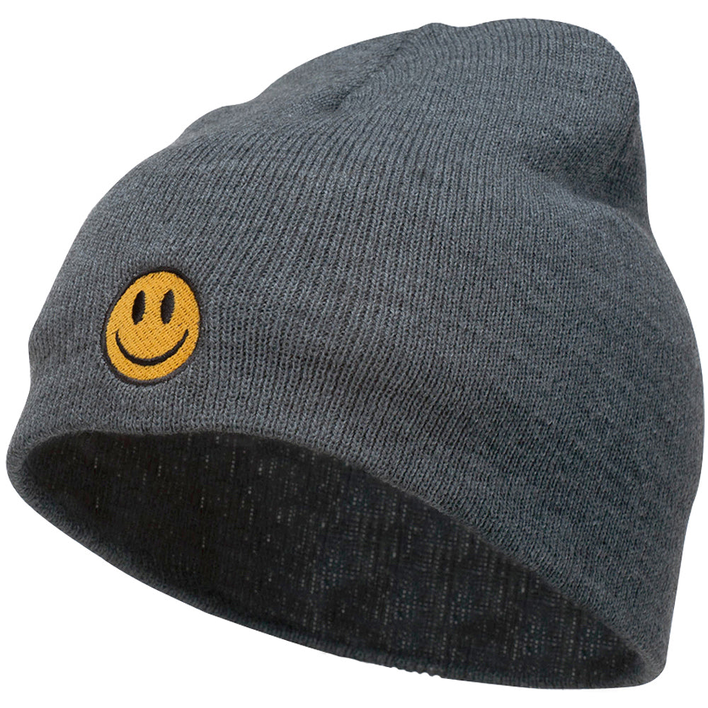 Smile Face Embroidered Short Beanie - Dk Grey OSFM