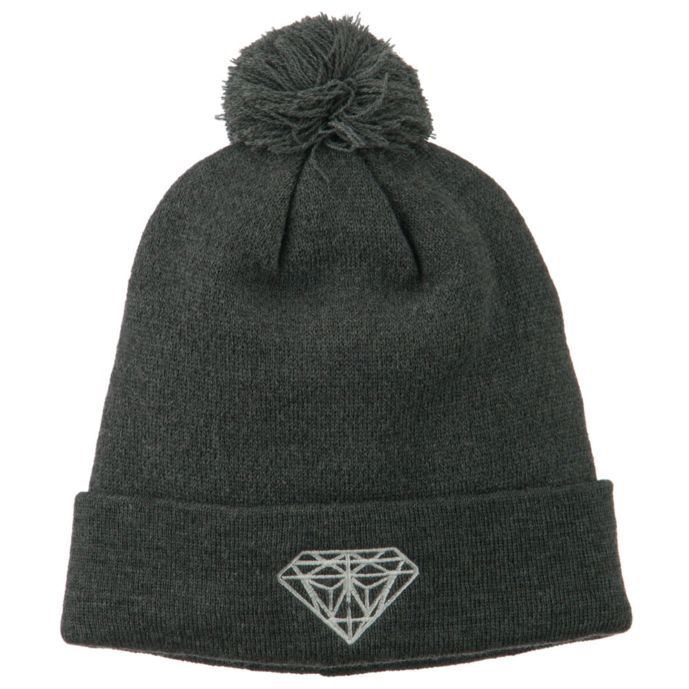 Small Diamond Embroidered Pom Beanie - Dk Grey OSFM