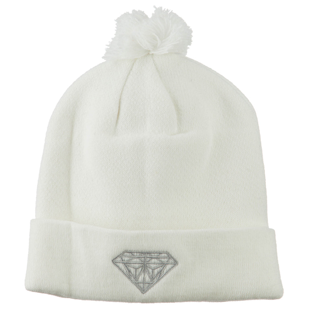 Small Diamond Embroidered Pom Beanie - White OSFM