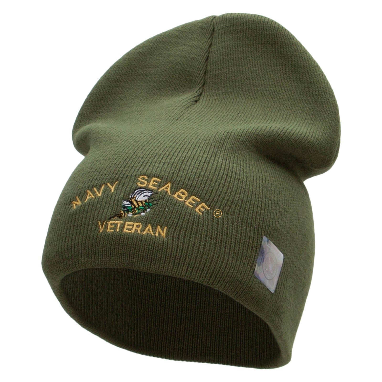 Licensed Navy Seabee Veteran Embroidered Short Beanie Made in USA - Olive OSFM