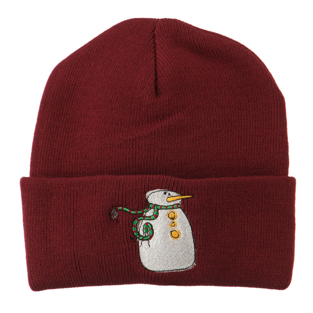 Snowman with Scarf Embroidered Cuff Beanie - Maroon OSFM