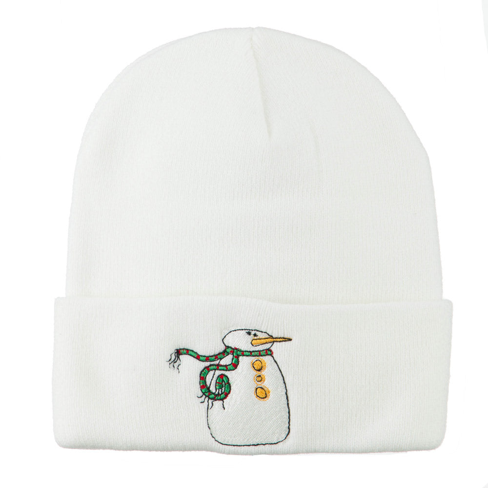 Snowman with Scarf Embroidered Cuff Beanie - White OSFM
