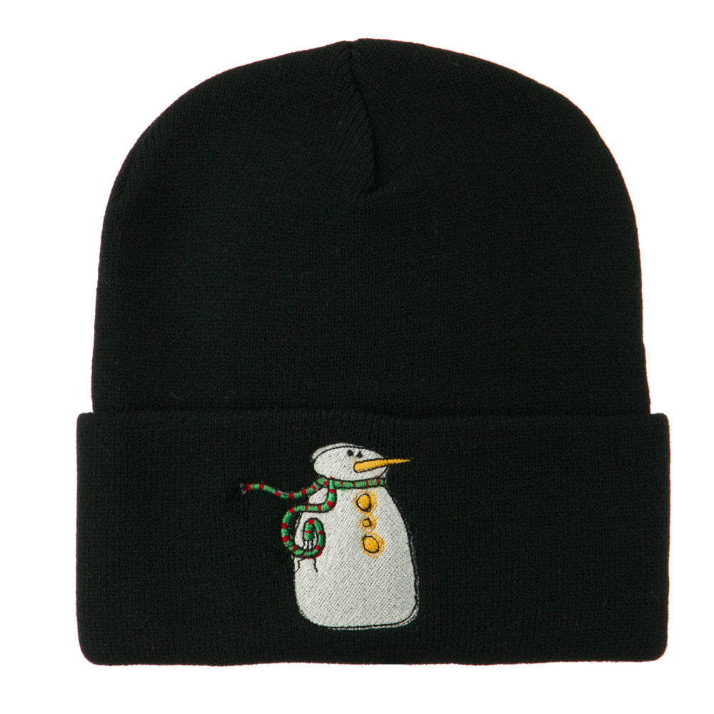 Snowman with Scarf Embroidered Cuff Beanie - Black OSFM