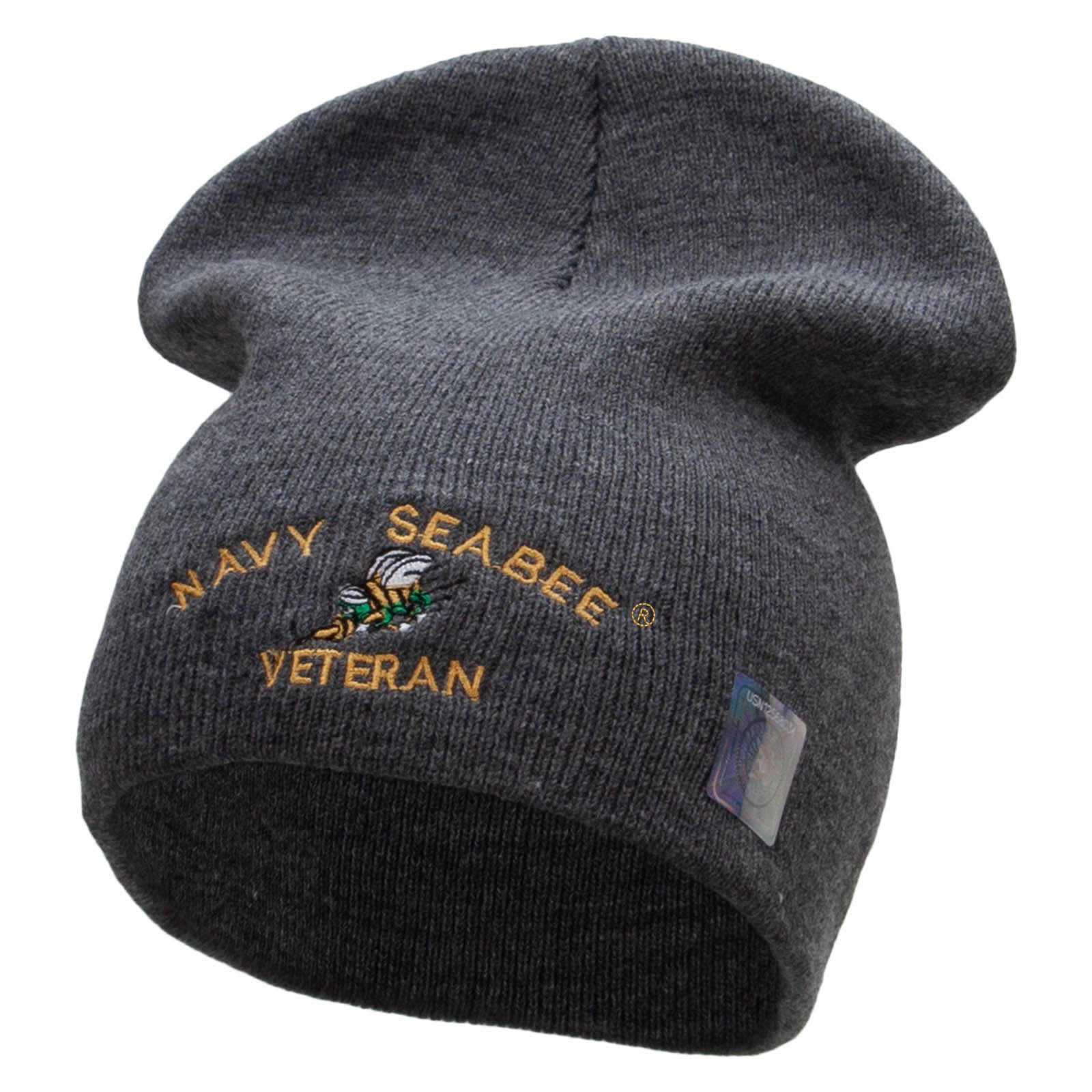 Licensed Navy Seabee Veteran Embroidered Short Beanie Made in USA - Charcoal OSFM