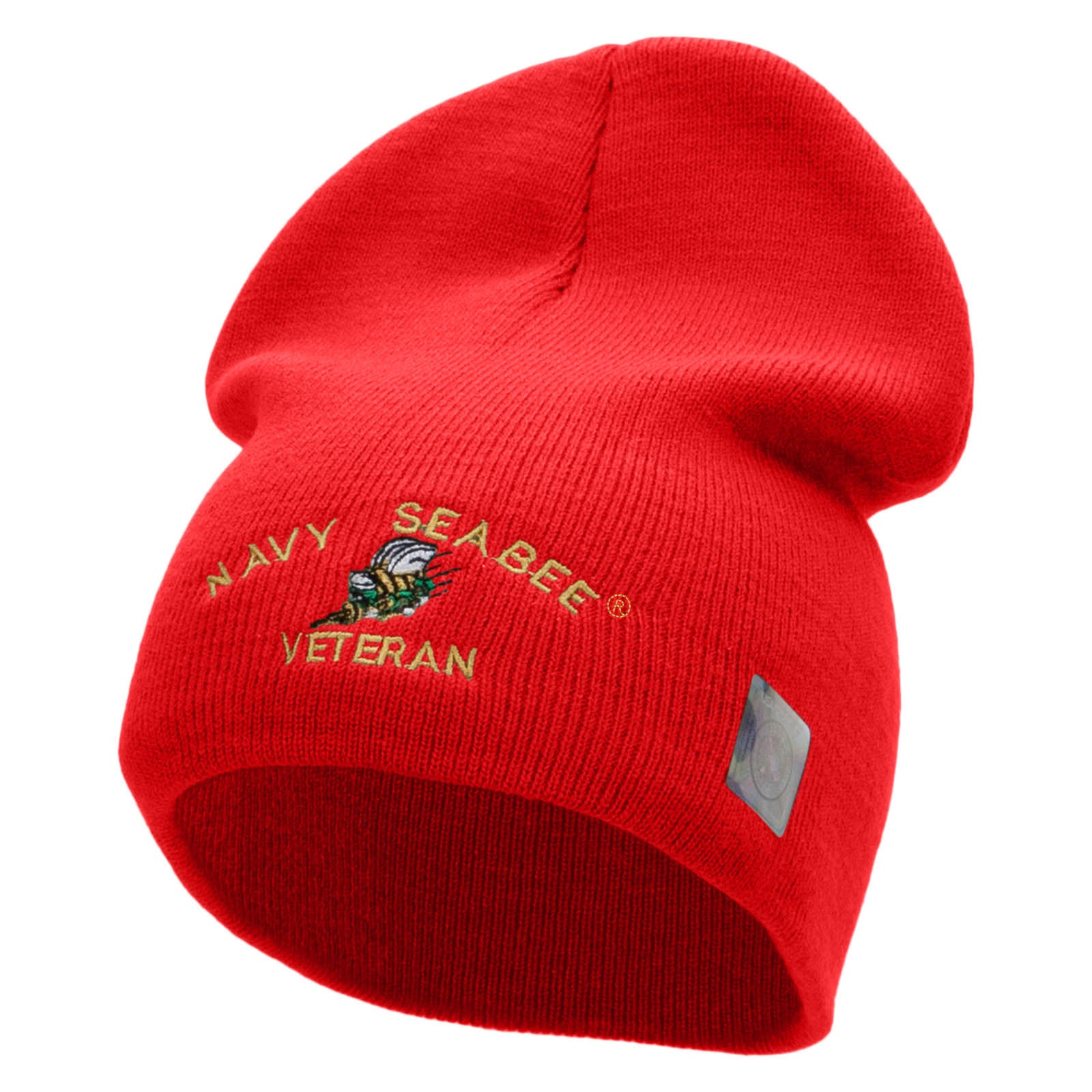 Licensed Navy Seabee Veteran Embroidered Short Beanie Made in USA - Red OSFM