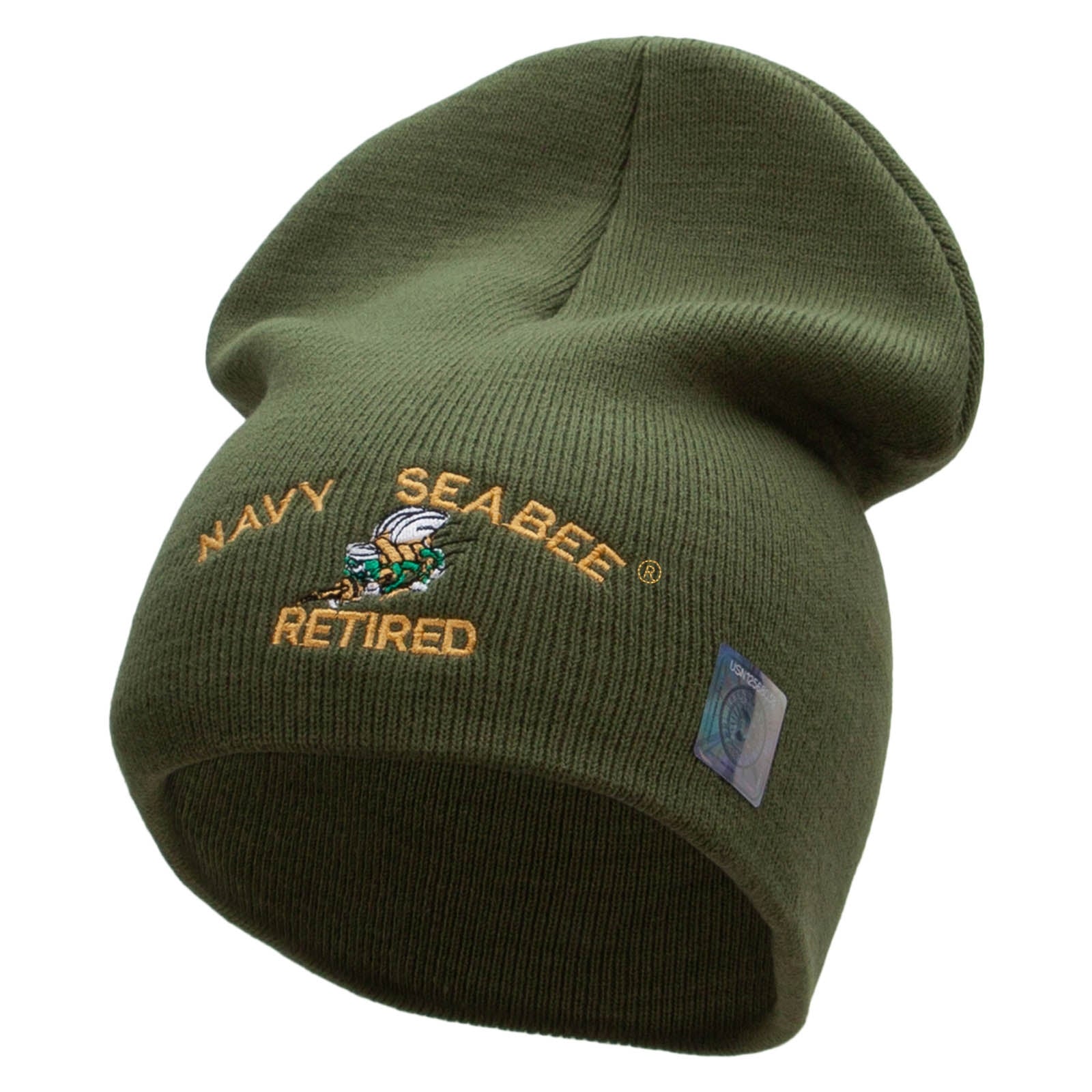 Licensed Navy Seabee Retired Embroidered Short Beanie Made in USA - Olive OSFM