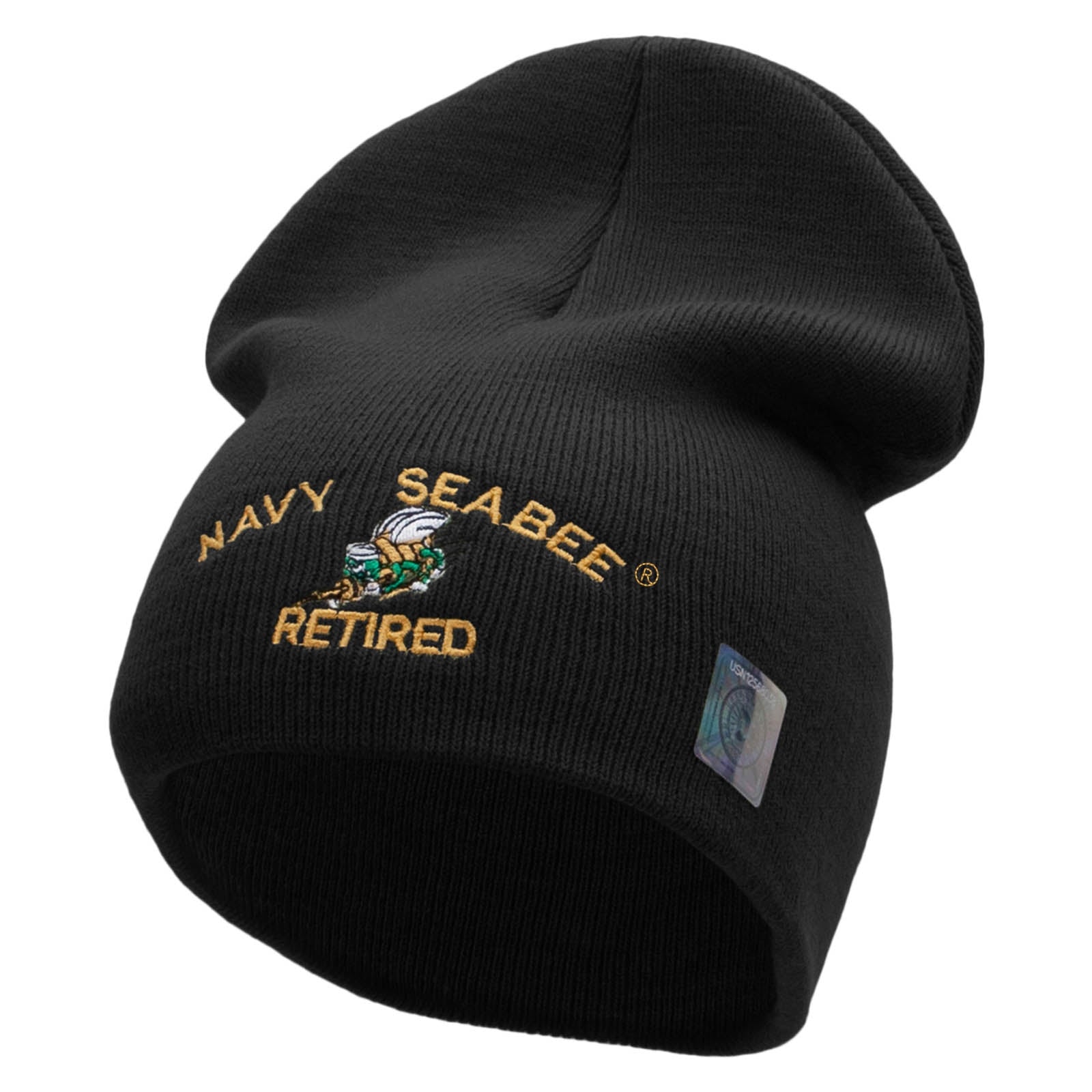 Licensed Navy Seabee Retired Embroidered Short Beanie Made in USA - Black OSFM