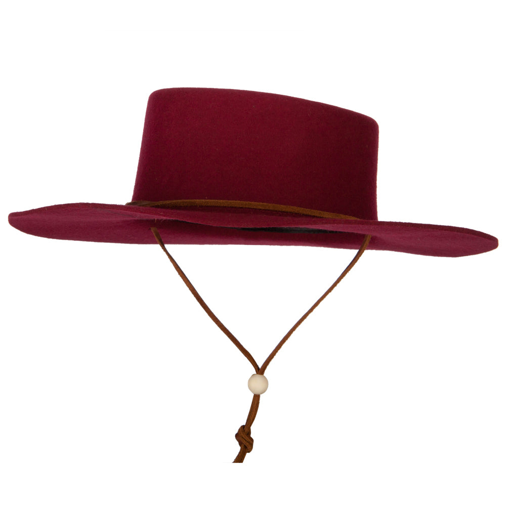 Women&#039;s Wool Felt Suede Chin Cord Stiff Brim Bolero Fedora Hat - Burgundy OSFM