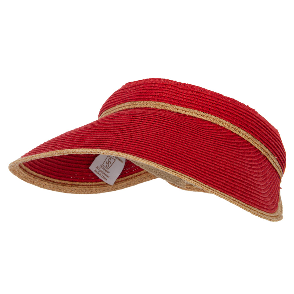 Two Tone Wide Brim Straw Visor with Contrasting Color Edge - Red OSFM