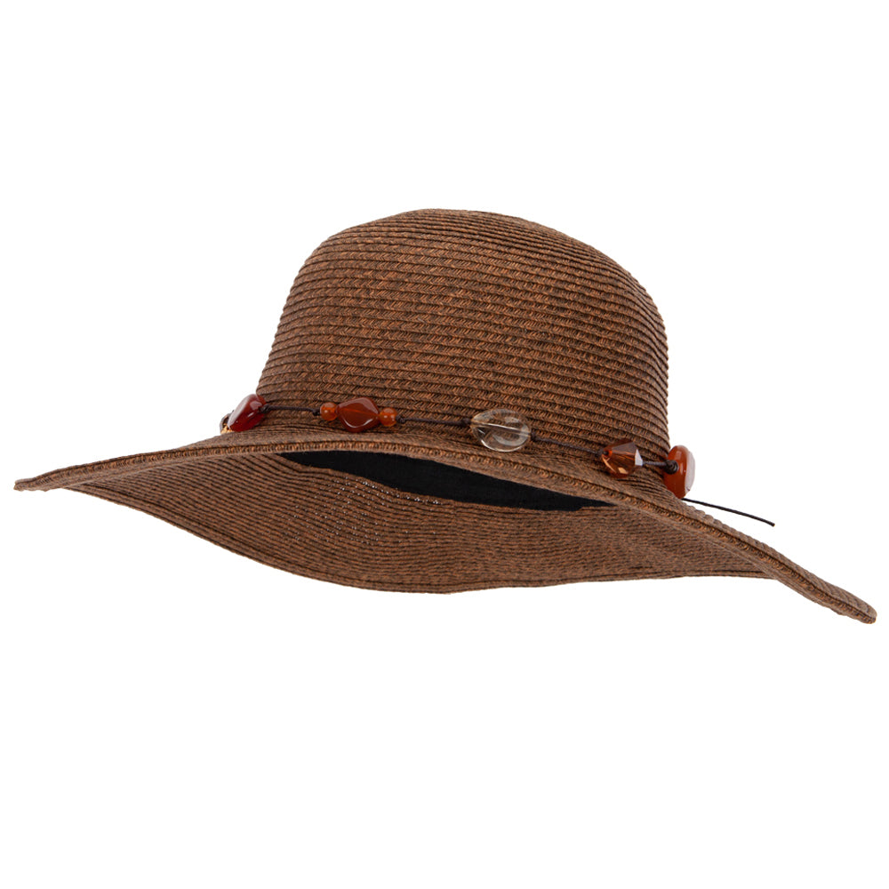 Women&#039;s Paper Braid Beaded Tie Accented Wired Wide Brim Sun Hat - Brown OSFM