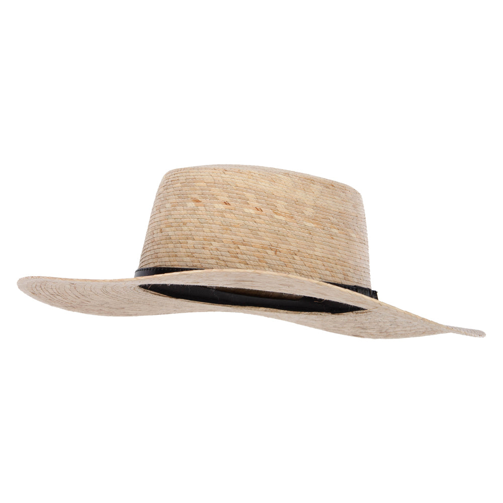 Palm Braid Leatherette Band Trim Accented Large Brim Boater Sun Hat - Lt Palm M