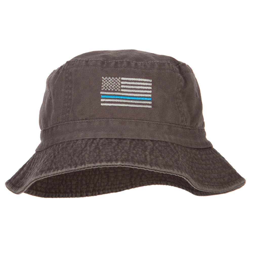 Thin Blue Line USA Flag Embroidered Bucket Hat - Charcoal OSFM