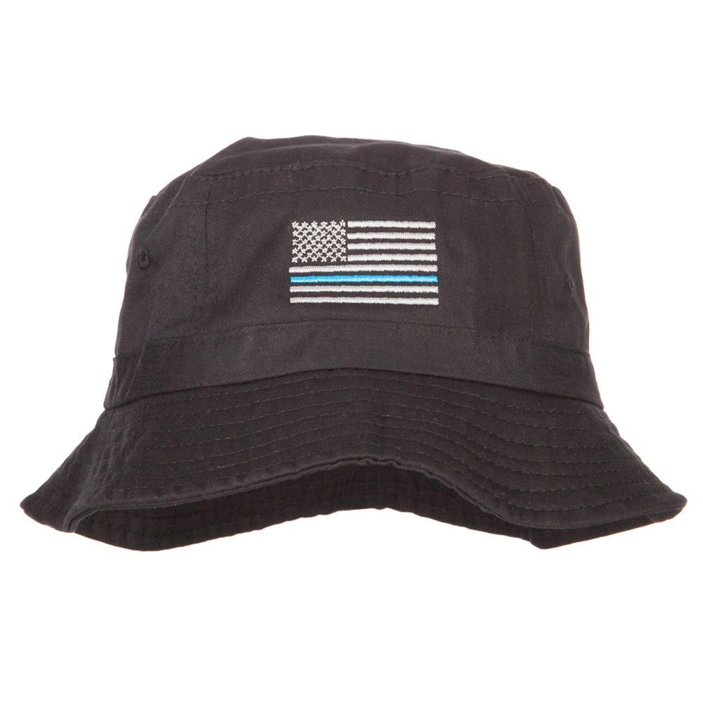 Thin Blue Line USA Flag Embroidered Bucket Hat - Black OSFM