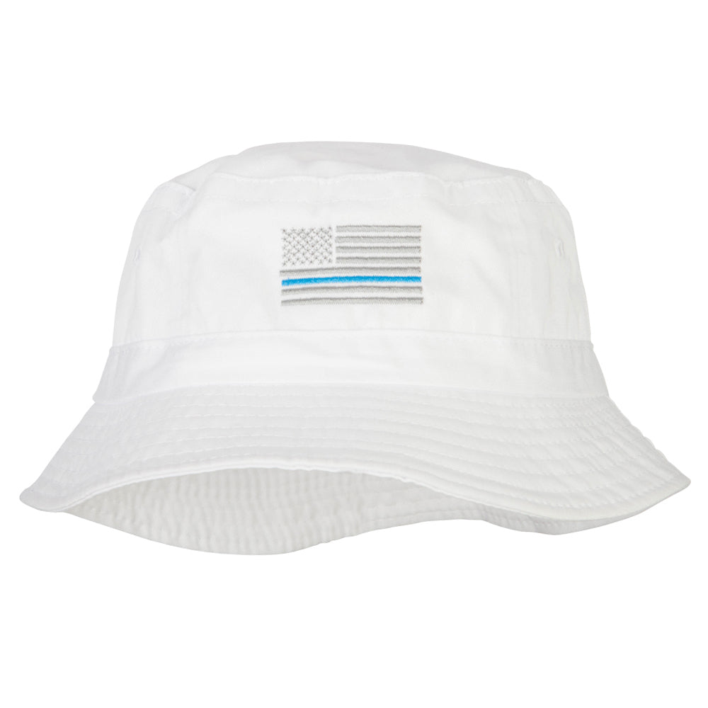 Thin Blue Line USA Flag Embroidered Bucket Hat - White OSFM