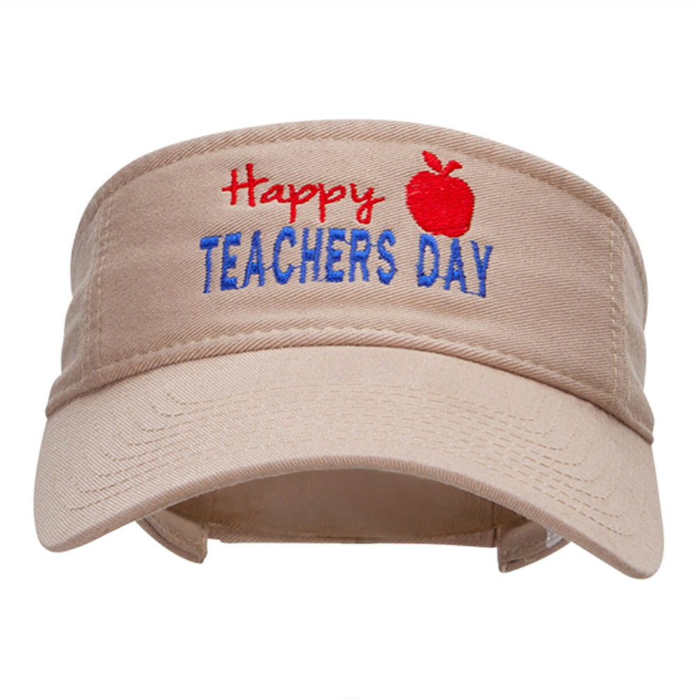 Happy Teachers Day Embroidered Cotton Twill Washed Visor - Khaki OSFM