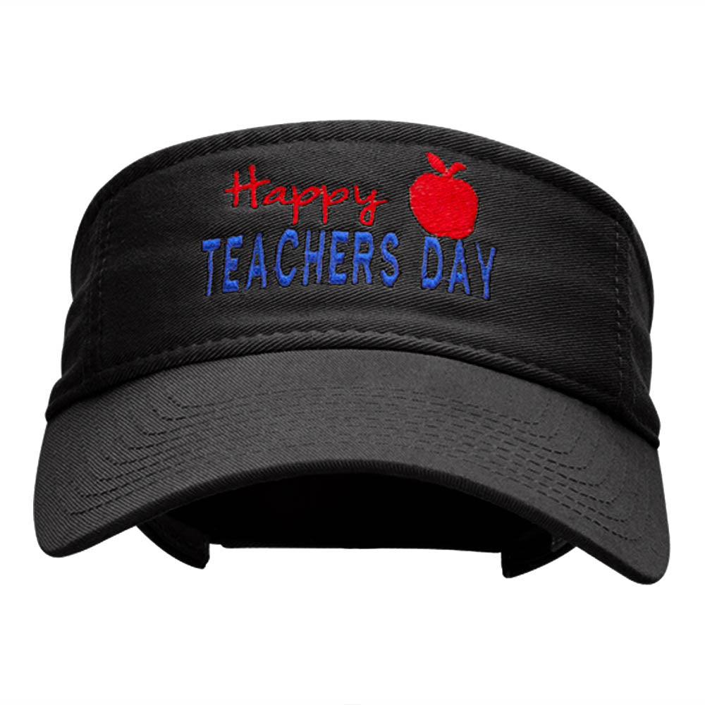 Happy Teachers Day Embroidered Cotton Twill Washed Visor - Black OSFM