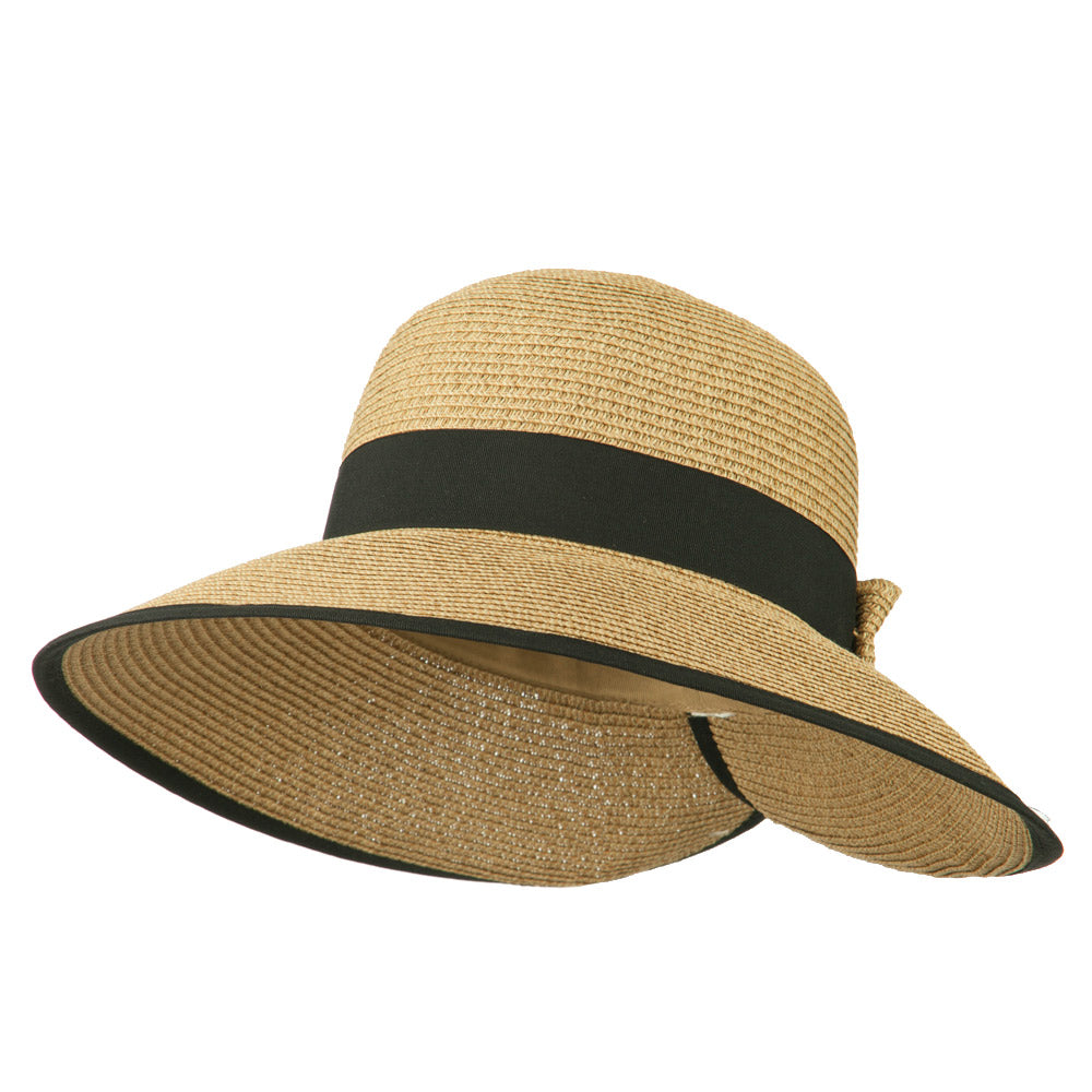 Tweed Bow 3 1/2 inch wide Brim Straw Hat - Khaki OSFM