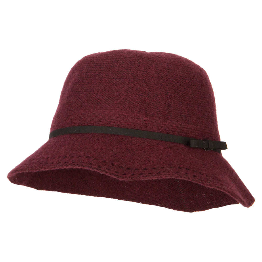 Women&#039;s Wool Tie Accented and Stitching Brim Edge Cloche Bucket Hat - Burgundy OSFM