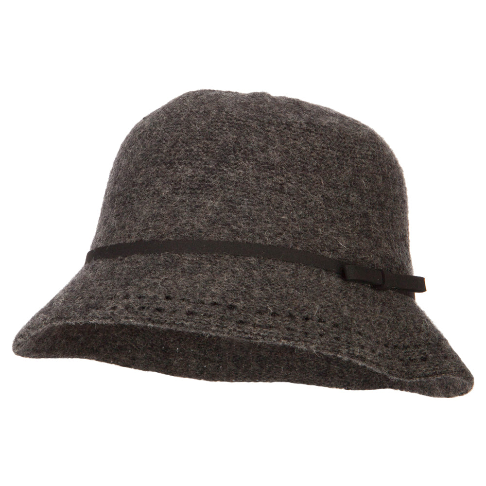 Women&#039;s Wool Tie Accented and Stitching Brim Edge Cloche Bucket Hat - Dk Grey OSFM