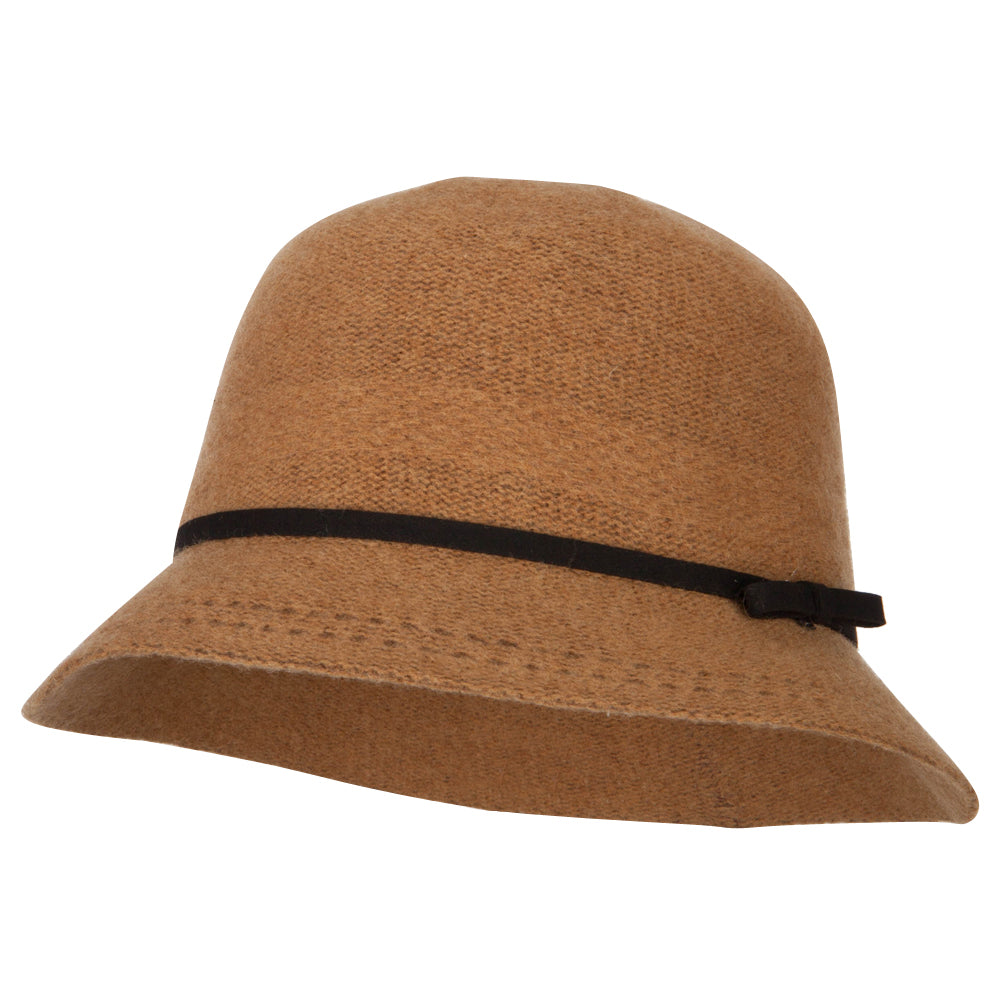 Women&#039;s Wool Tie Accented and Stitching Brim Edge Cloche Bucket Hat - Lt Brown OSFM