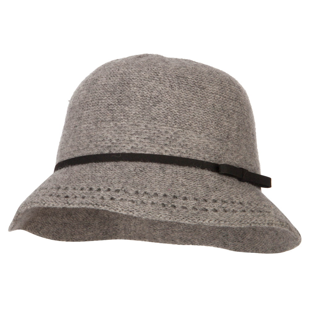 Women&#039;s Wool Tie Accented and Stitching Brim Edge Cloche Bucket Hat - Lt Grey OSFM