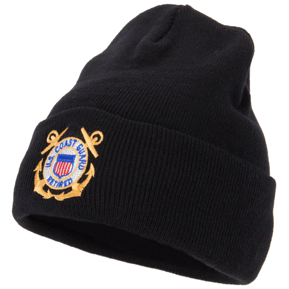US Coast Guard Retired Anchors Embroidered Long Beanie - Black OSFM
