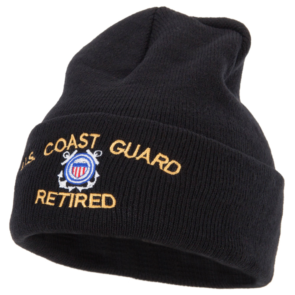 US Coast Guard Retired Logo Embroidered 12 Inch Long Knitted Beanie - Black OSFM
