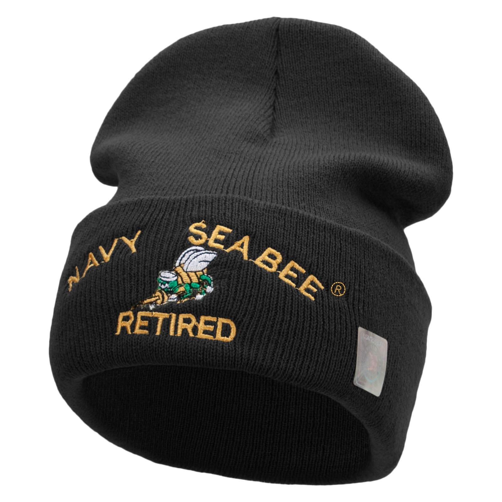 Licensed US Navy Seabee Retired Military Embroidered Long Beanie Made in USA - Black OSFM