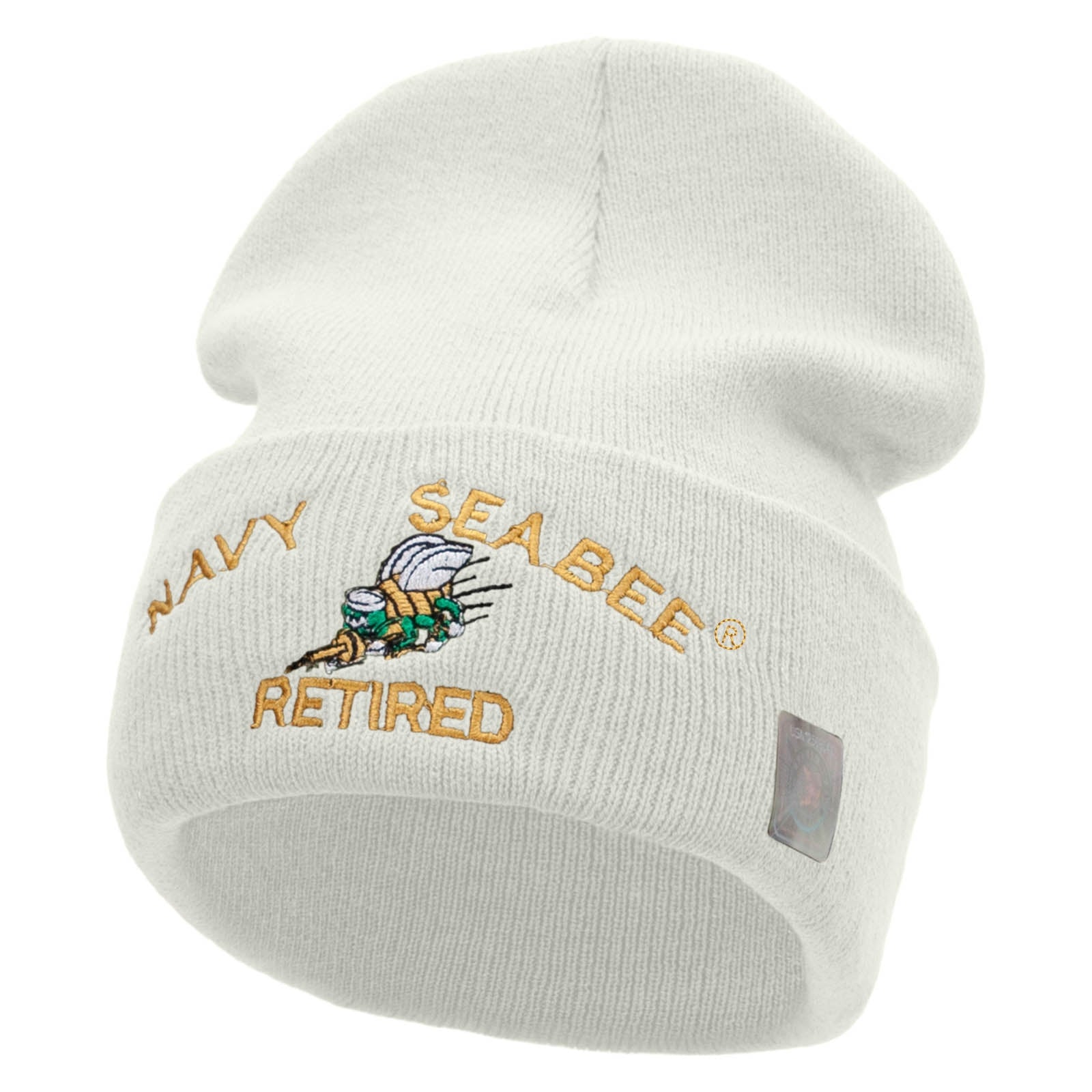 Licensed US Navy Seabee Retired Military Embroidered Long Beanie Made in USA - White OSFM