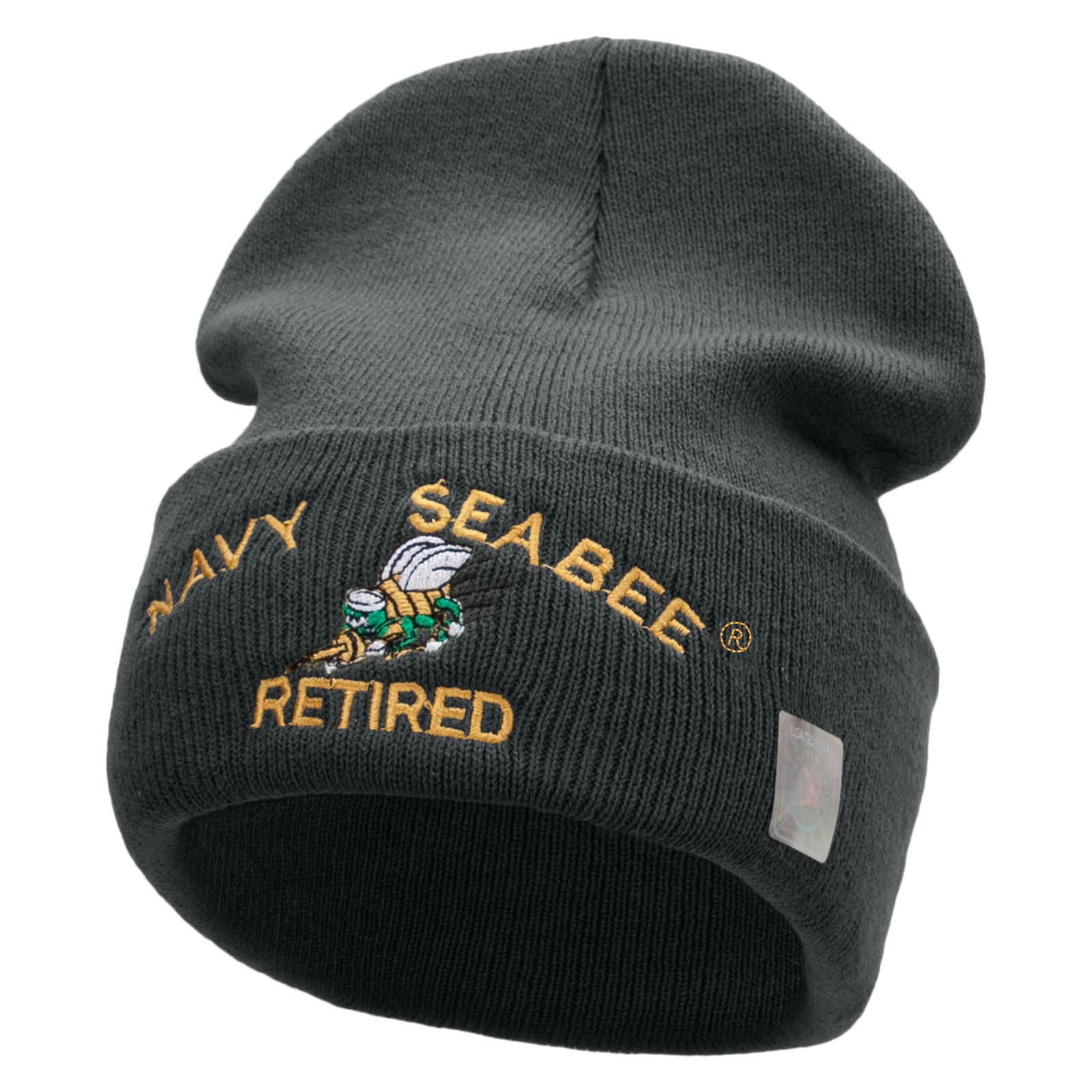 Licensed US Navy Seabee Retired Military Embroidered Long Beanie Made in USA - Dk Grey OSFM