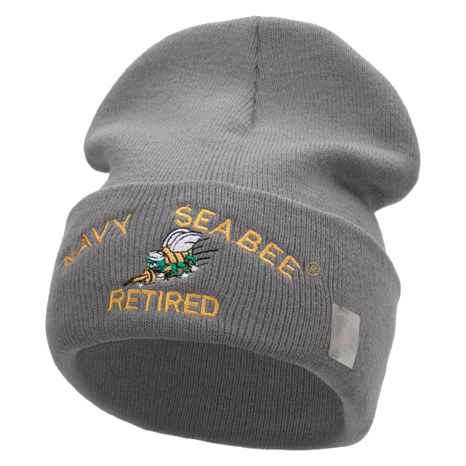 Licensed US Navy Seabee Retired Military Embroidered Long Beanie Made in USA - Lt Grey OSFM