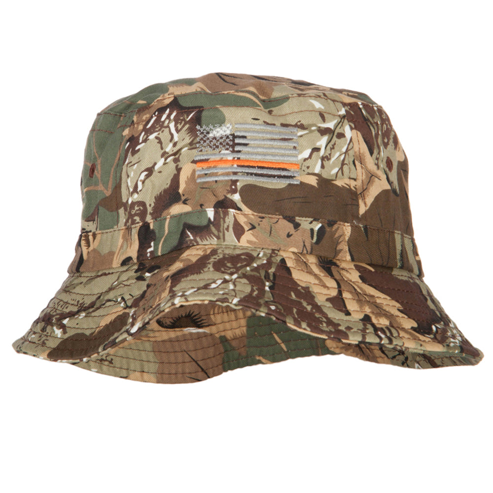 Thin Orange Line USA Flag Embroidered Bucket Hat - Leaf Camo OSFM