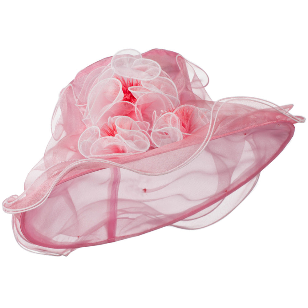 Two Tone Ruffle Accent Organza Hat - Pink Ivory OSFM