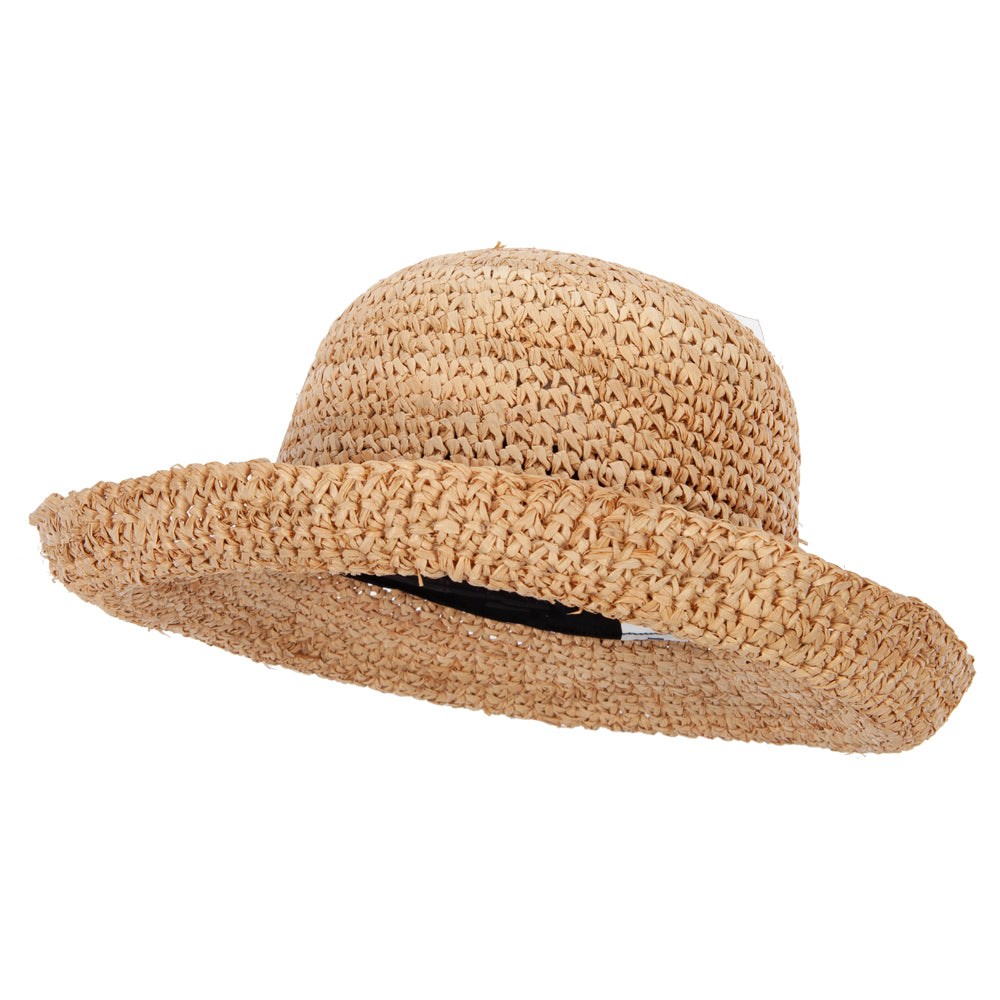 Women&#039;s 3 Inch Turn Up Brim Straw Crochet Summer Bucket Hat - Raffia OSFM