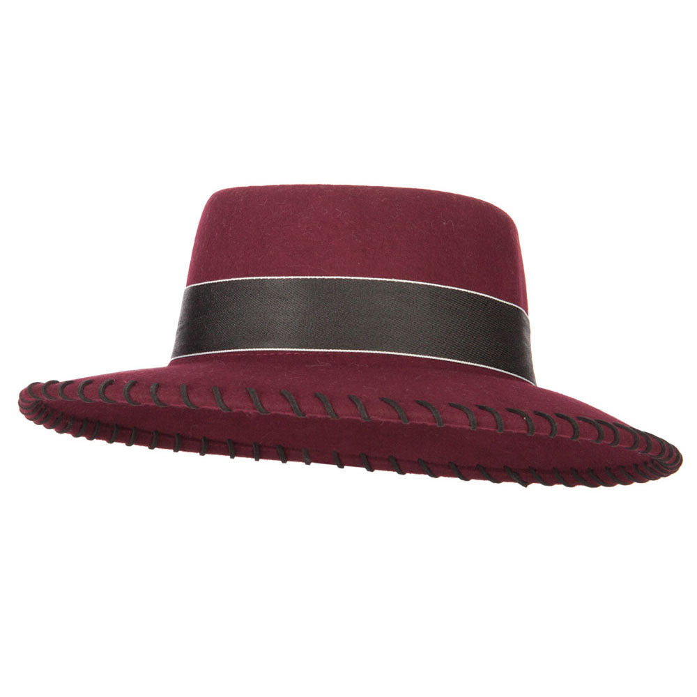 Women&#039;s Wool Felt Wide Ribbon Band and Stitching Detailed Brim Gambler Hat - Burgundy OSFM