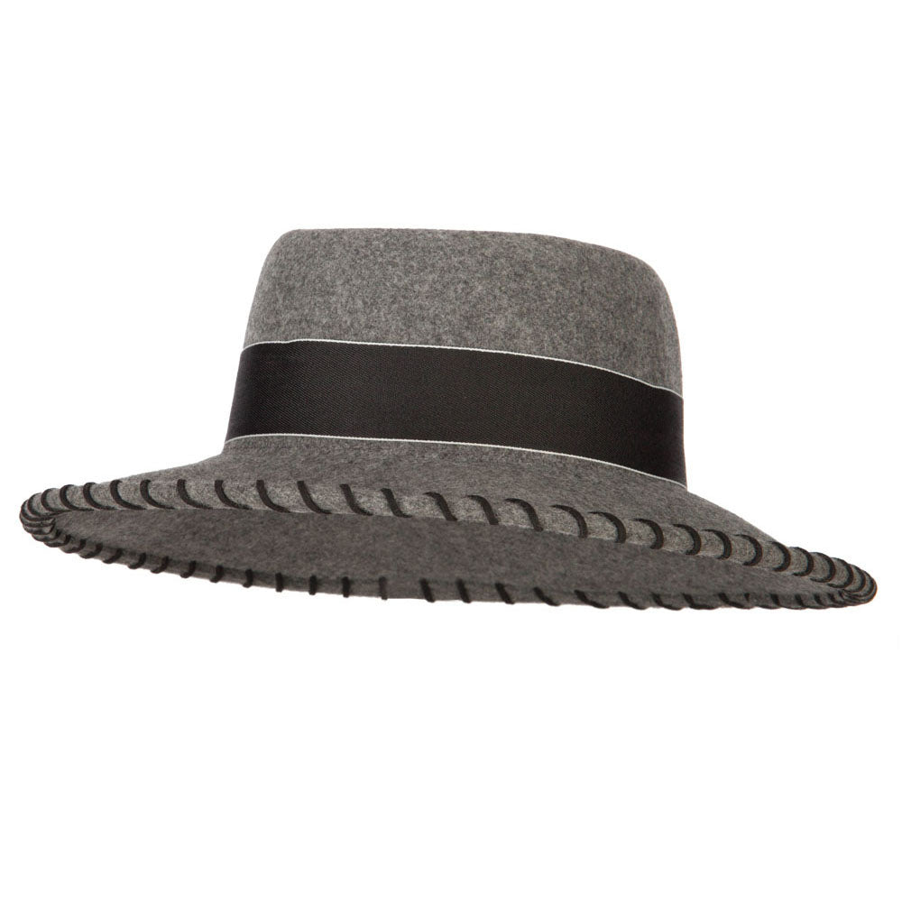 Women&#039;s Wool Felt Wide Ribbon Band and Stitching Detailed Brim Gambler Hat - Grey OSFM