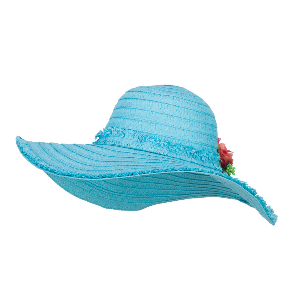 Flower Trim Fringed Brim Floppy Hat - Turquoise OSFM