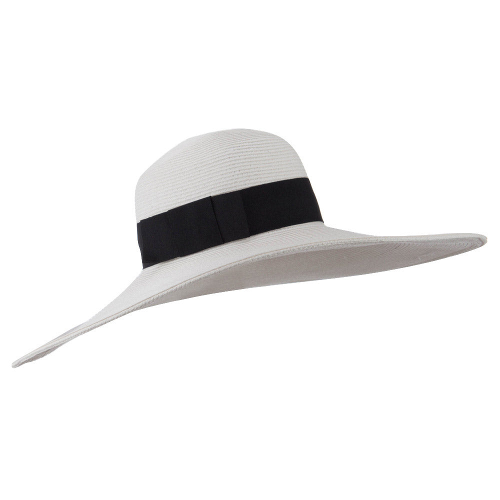 UPF 50+ Black Ribbon Wide Flat Brim Hat - White OSFM