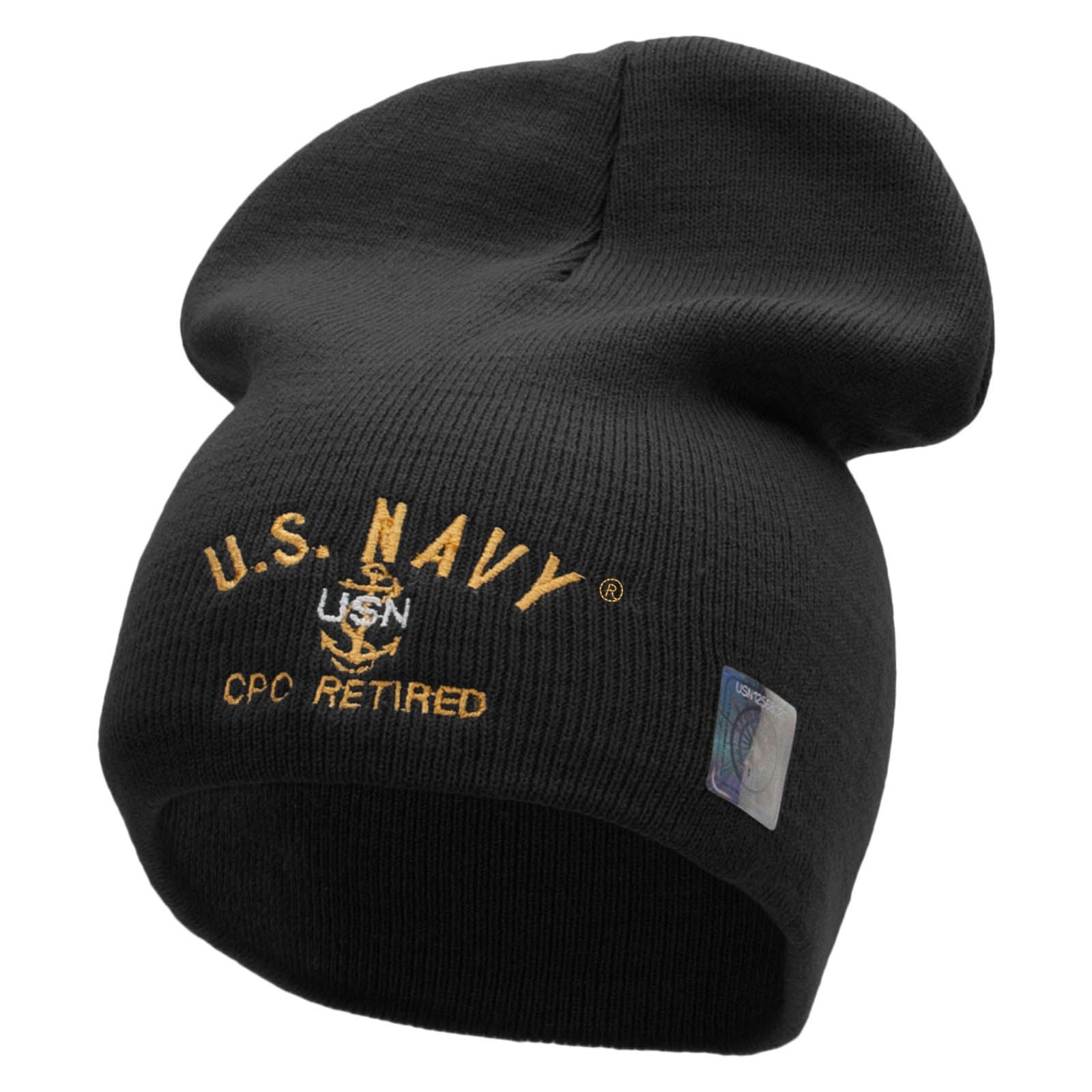 Licensed US Navy CPO Retired Embroidered Short Beanie Made in USA - Black OSFM