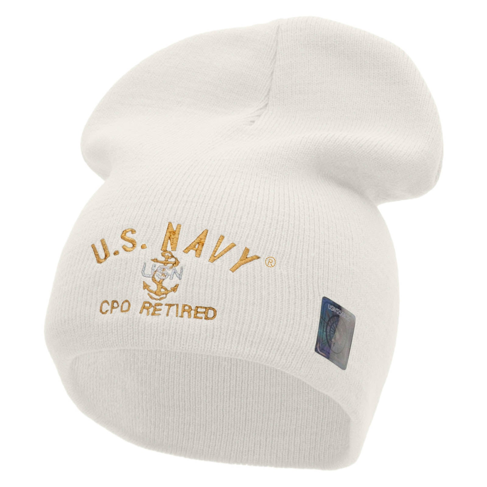 Licensed US Navy CPO Retired Embroidered Short Beanie Made in USA - White OSFM