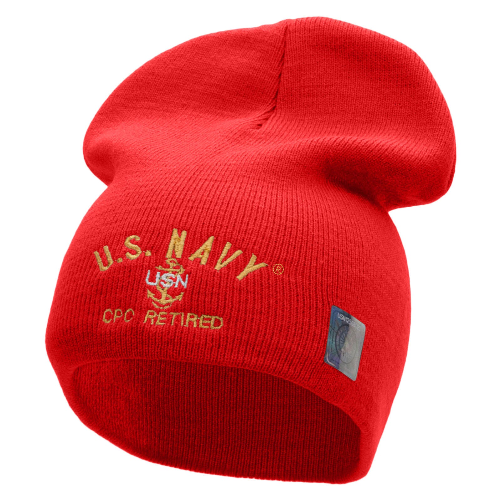 Licensed US Navy CPO Retired Embroidered Short Beanie Made in USA - Red OSFM